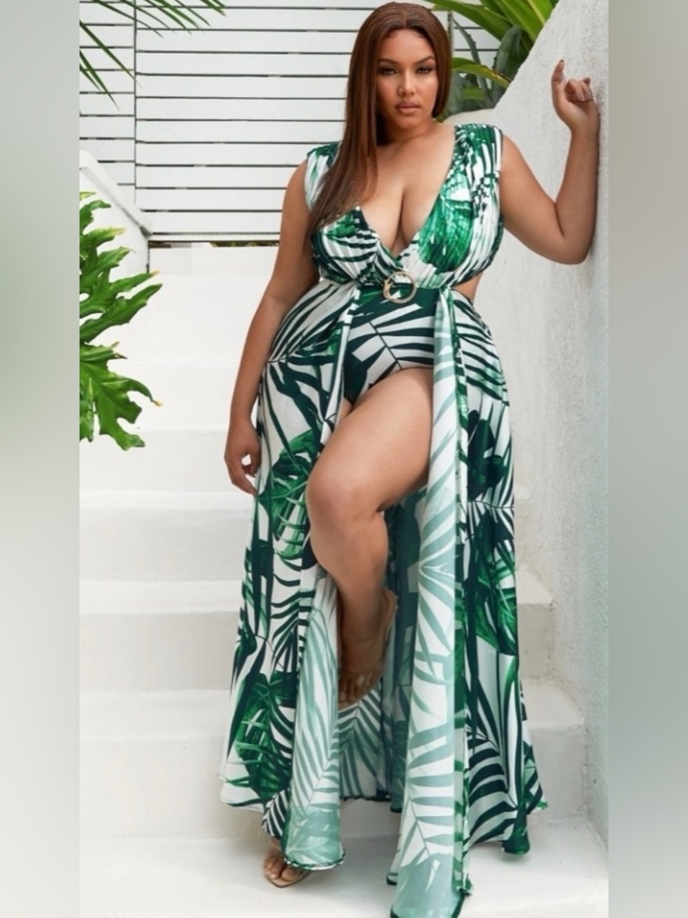 NWT Plus Size 2X Tropical Palm Bodysuit Maxi Dress- L'ATISTE- Code 1321